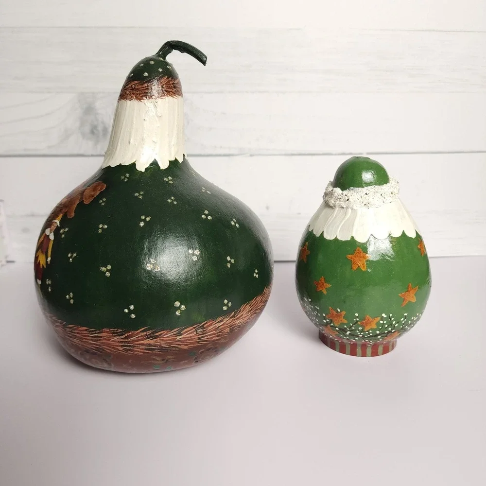 Hand Painted Gourd Santa Figurines Set of 2 Sigend‎ by Regina Schafer